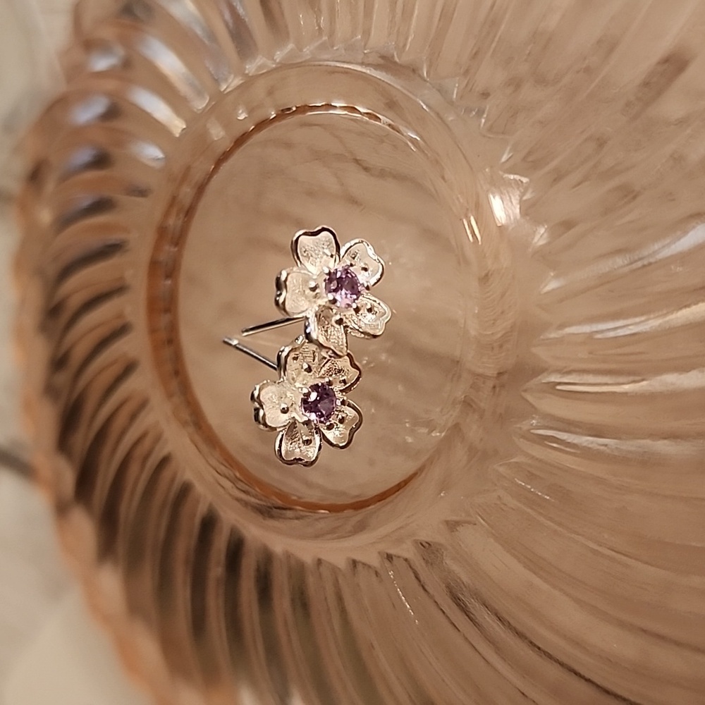 Plum Blossom 925 Flower Earrings - Picture 2 of 7